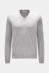 Gran Sasso V-Neck Pullover grau meliert, Slim Fit, feiner Strick aus reiner Wolle, weicher Griff, leichte Qualität, V-Ausschnitt, Rippbündchen, Frontansicht.