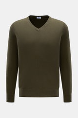 von Braun Cashmere V-Neck Pullover dark olive, slim Fit, V-Ausschnitt, feines Strickbild, elastische Rippbündchen, Frontansicht, reiner Cashmere, sehr weicher Griff.