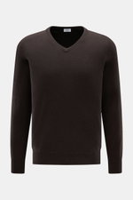von Braun Cashmere V-Neck Pullover dunkelbraun, Slim Fit, aus reinem Cashmere mit feinem Strickbild, V-Ausschnitt und elastischen Rippbündchen, frontal fotografiert.
