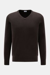 von Braun Cashmere V-Neck Pullover dunkelbraun, Slim Fit, aus reinem Cashmere mit feinem Strickbild, V-Ausschnitt und elastischen Rippbündchen, frontal fotografiert.