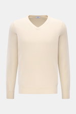 Front view of von Braun Cashmere V-Neck Pullover creme, a slim fit V-neck sweater with fine knit, elastic rib cuffs, made of pure Mongolian cashmere.

<p>Geschmeidiges Basic für die kalte Jahreszeit: Der VON BRAUN V-Neck Pullover – gefertigt aus reinem 