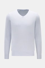 von Braun Cashmere V-Neck Pullover pastellblau, frontal fotografiert, Slim Fit, V-Ausschnitt, reiner weicher Cashmere, feines Strickbild, elastische Rippbündchen