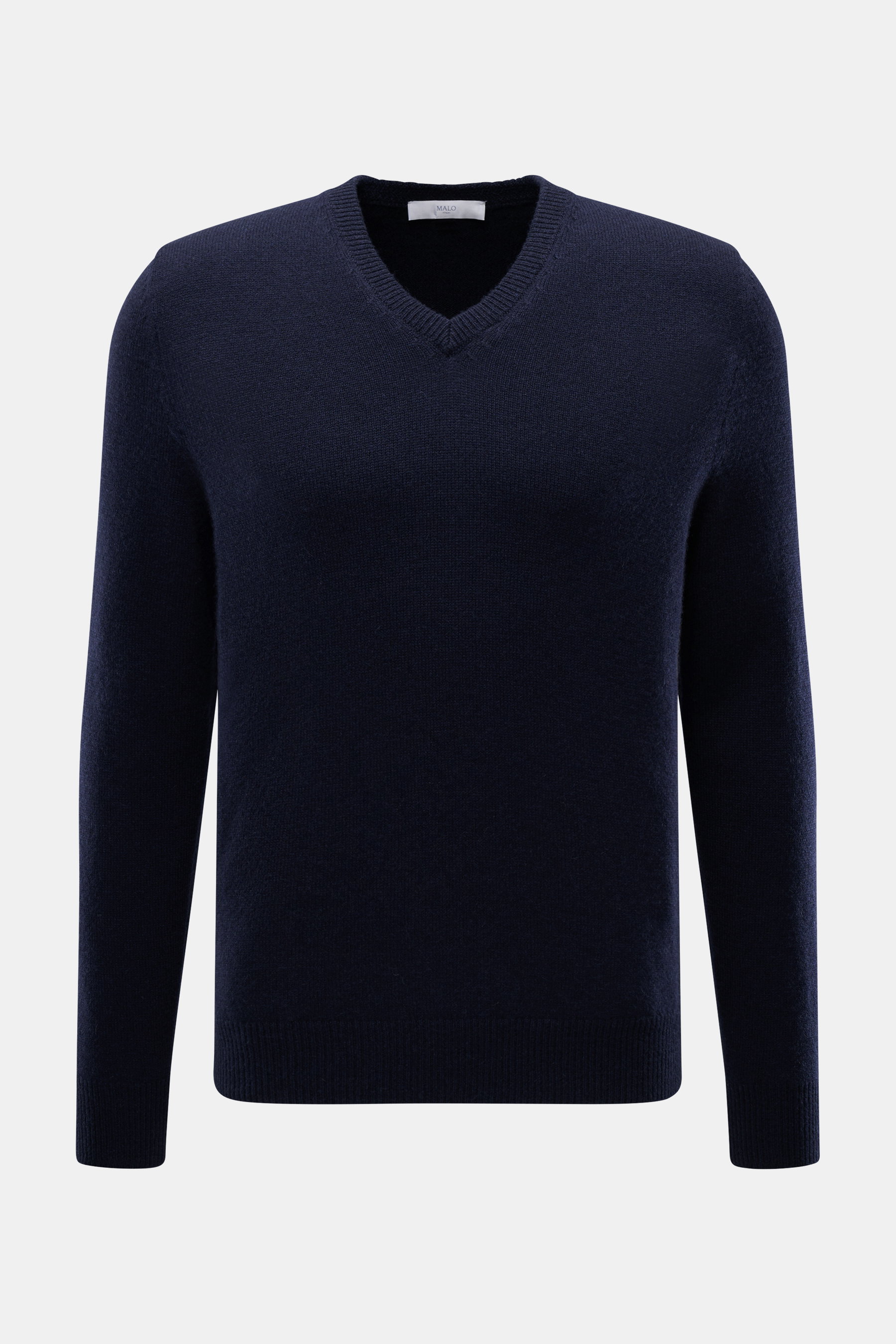 Front view of Malo Cashmere V-Neck Pullover navy in pure cashmere with slim fit, medium-fine knit, V-neck, and ribbed cuffs, soft feel.