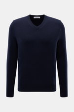 Malo Cashmere V-Neck Pullover navy, frontal fotografiert, Slim Fit, mittelfeines Strickbild, reiner Cashmere, weicher Griff, V-Ausschnitt, breite Rippbündchen