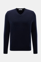 Malo Cashmere V-Neck Pullover navy, frontal fotografiert, Slim Fit, mittelfeines Strickbild, reiner Cashmere, weicher Griff, V-Ausschnitt, breite Rippbündchen