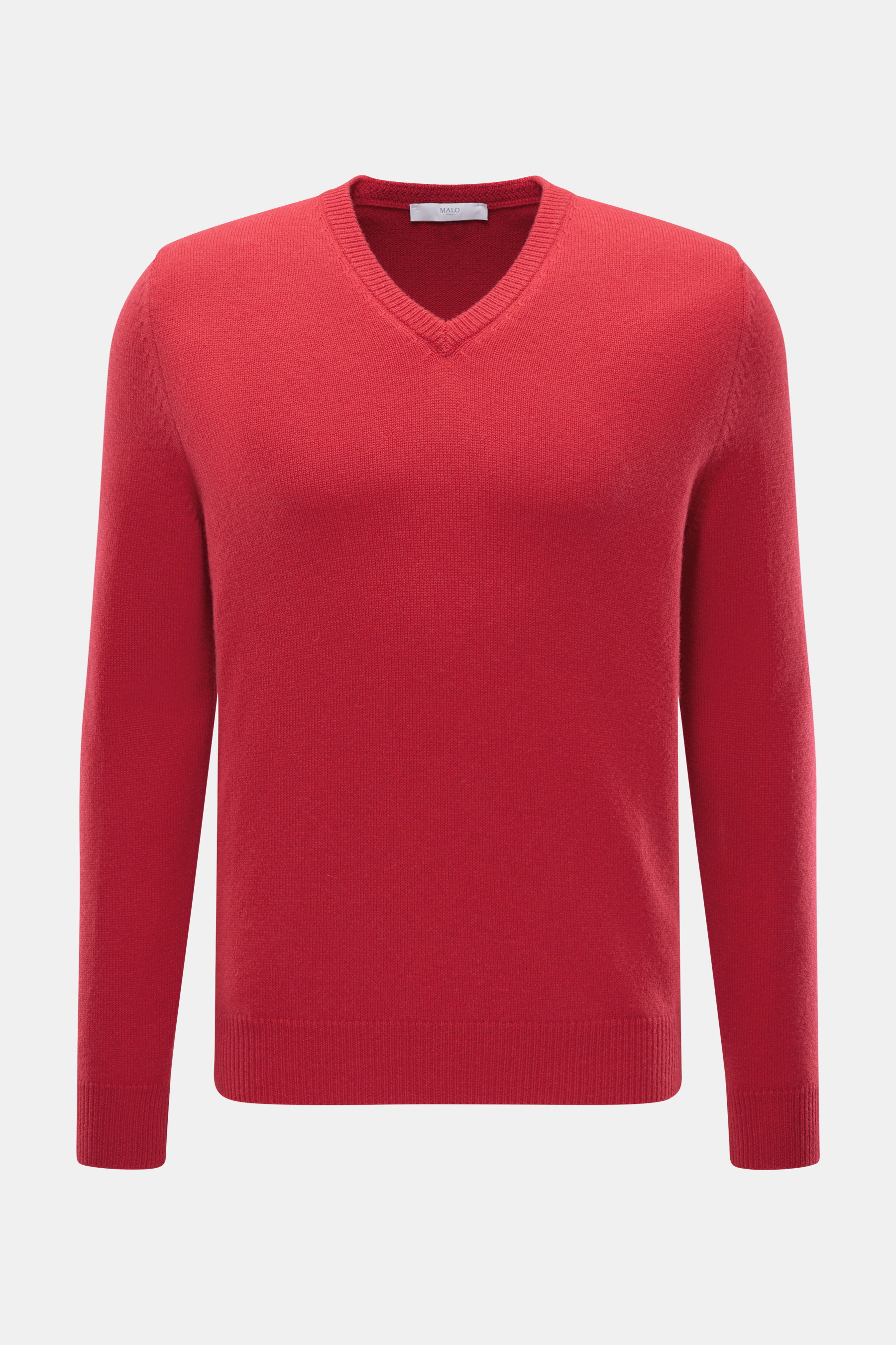 Malo Cashmere V-Neck Sweater red shown from the front, slim fit with medium fine knit, pure cashmere, soft feel, V-neckline, and ribbed cuffs.