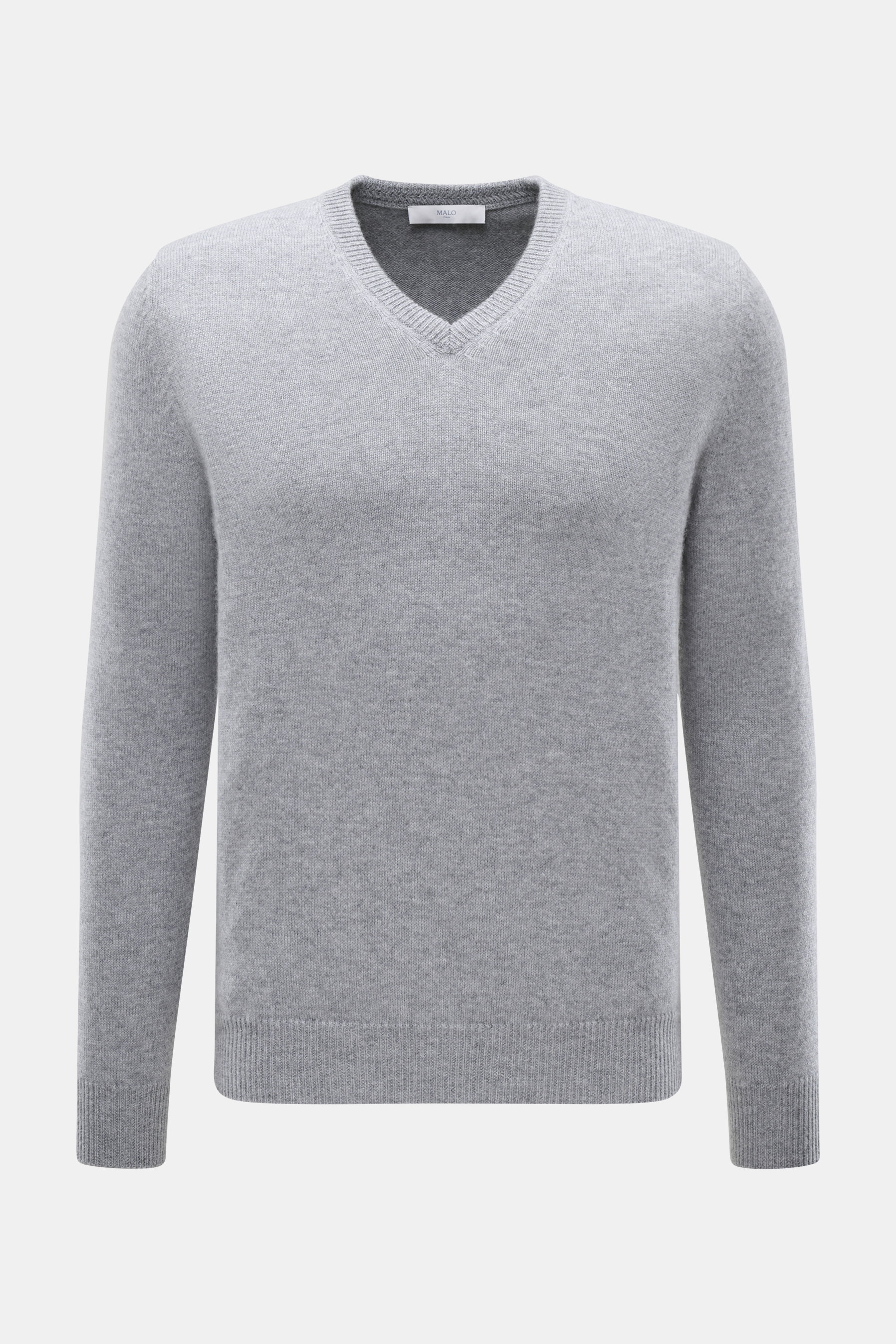 Malo Cashmere V-Neck Sweater grey melange front view, slim fit with V-neck, medium-fine knit, pure cashmere, soft touch, ribbed cuffs, timeless design.