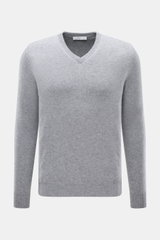 Malo Cashmere V-Neck Pullover grau meliert, frontal fotografiert, Slim Fit, reiner Cashmere, weicher Griff, mittelfeines Strickbild, V-Ausschnitt, Rippbündchen.