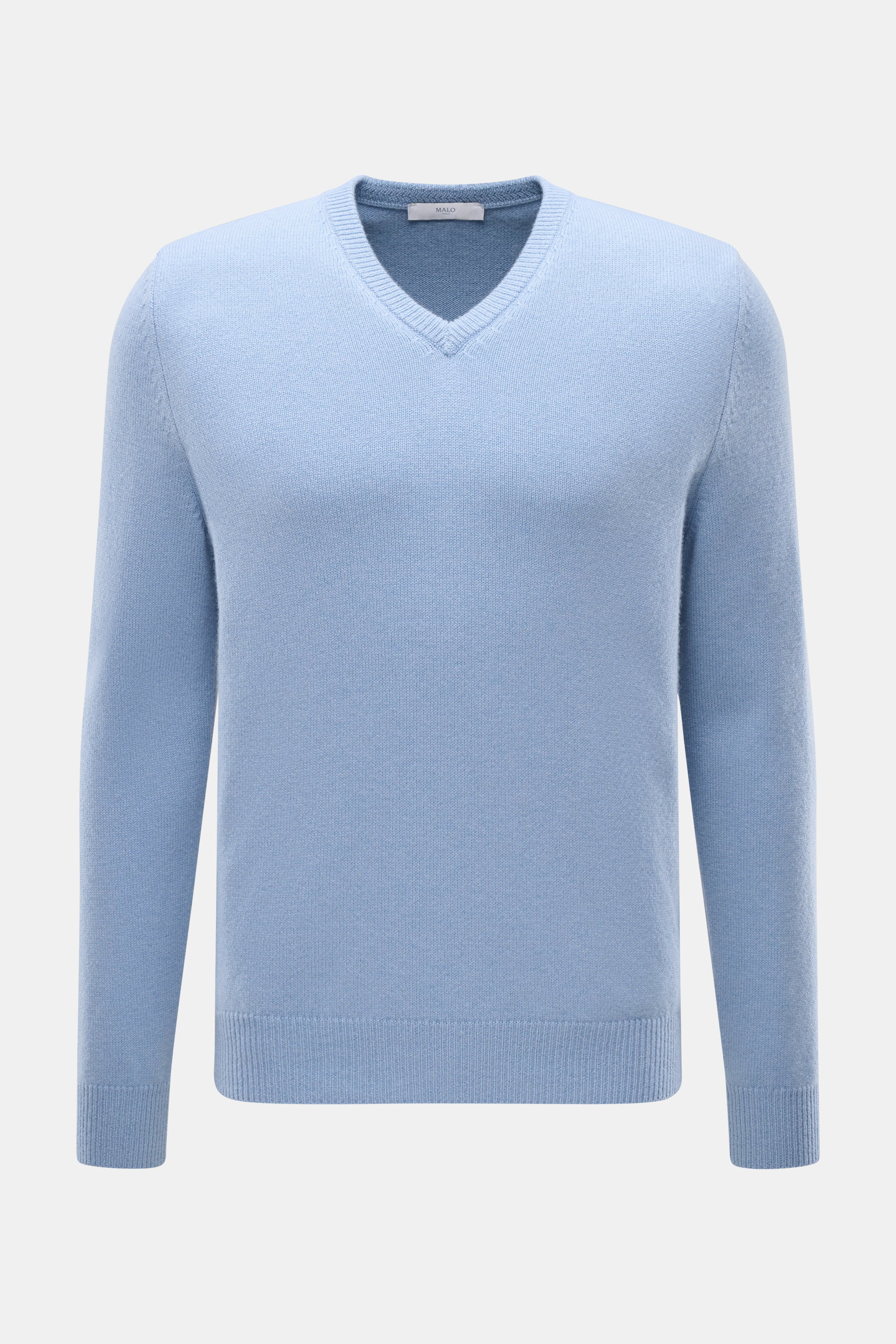 Malo Cashmere V-Neck Sweater light blue shown from the front, slim fit with pure cashmere, medium-fine knit, soft feel, V-neck, and ribbed cuffs.