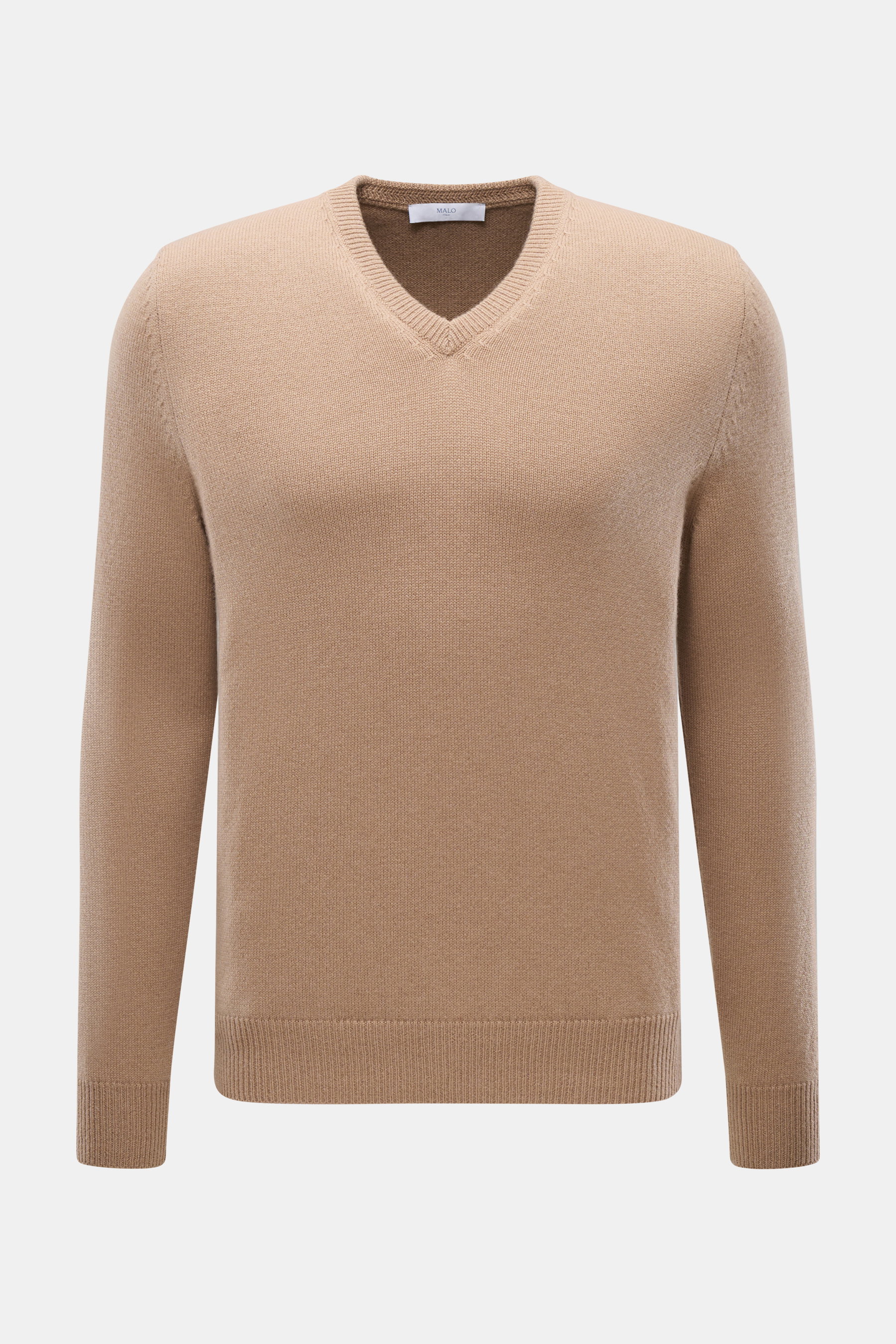 Front view of Malo Cashmere V-Neck Sweater light brown, slim fit with pure cashmere, very soft feel, medium-fine knit, V-neckline, and ribbed cuffs.
