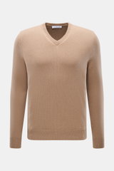 Malo Cashmere V-Neck Pullover hellbraun, slim fit, mittelfeines Strickbild, V-Ausschnitt, Rippbündchen, reiner Cashmere, Frontansicht.
