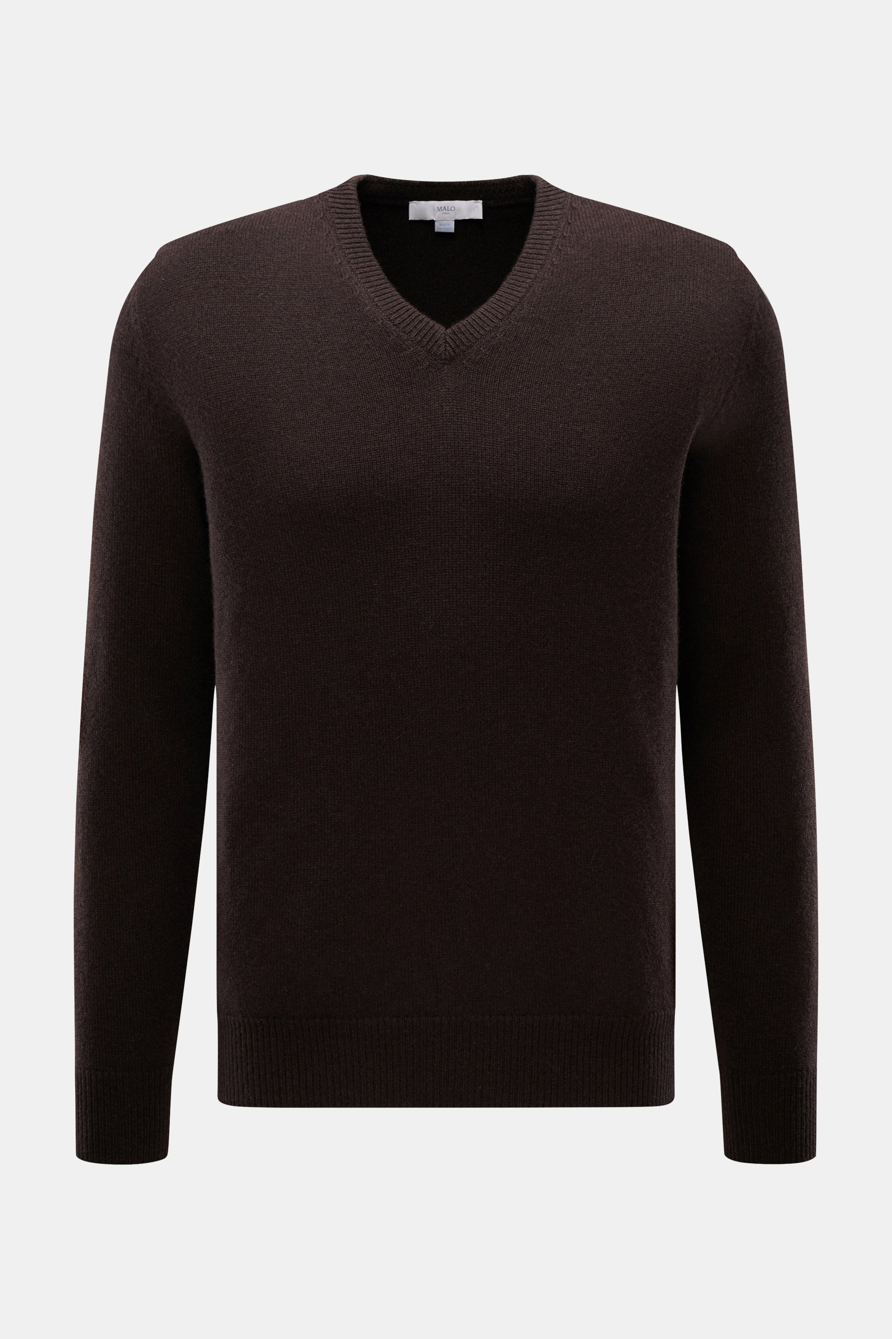 Front view of Malo Cashmere V-Neck sweater dark brown, made of pure cashmere, slim fit, medium fine knit with V-neckline and ribbed cuffs.