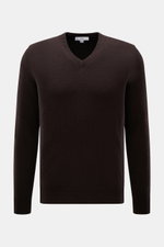 Malo Cashmere V-Neck Pullover dunkelbraun, Slim Fit, mittelfeines Strickbild, V-Ausschnitt, weicher Griff, Rippbündchen, frontale Produktaufnahme.