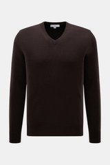 Malo Cashmere V-Neck Pullover dunkelbraun, Slim Fit, mittelfeines Strickbild, V-Ausschnitt, weicher Griff, Rippbündchen, frontale Produktaufnahme.