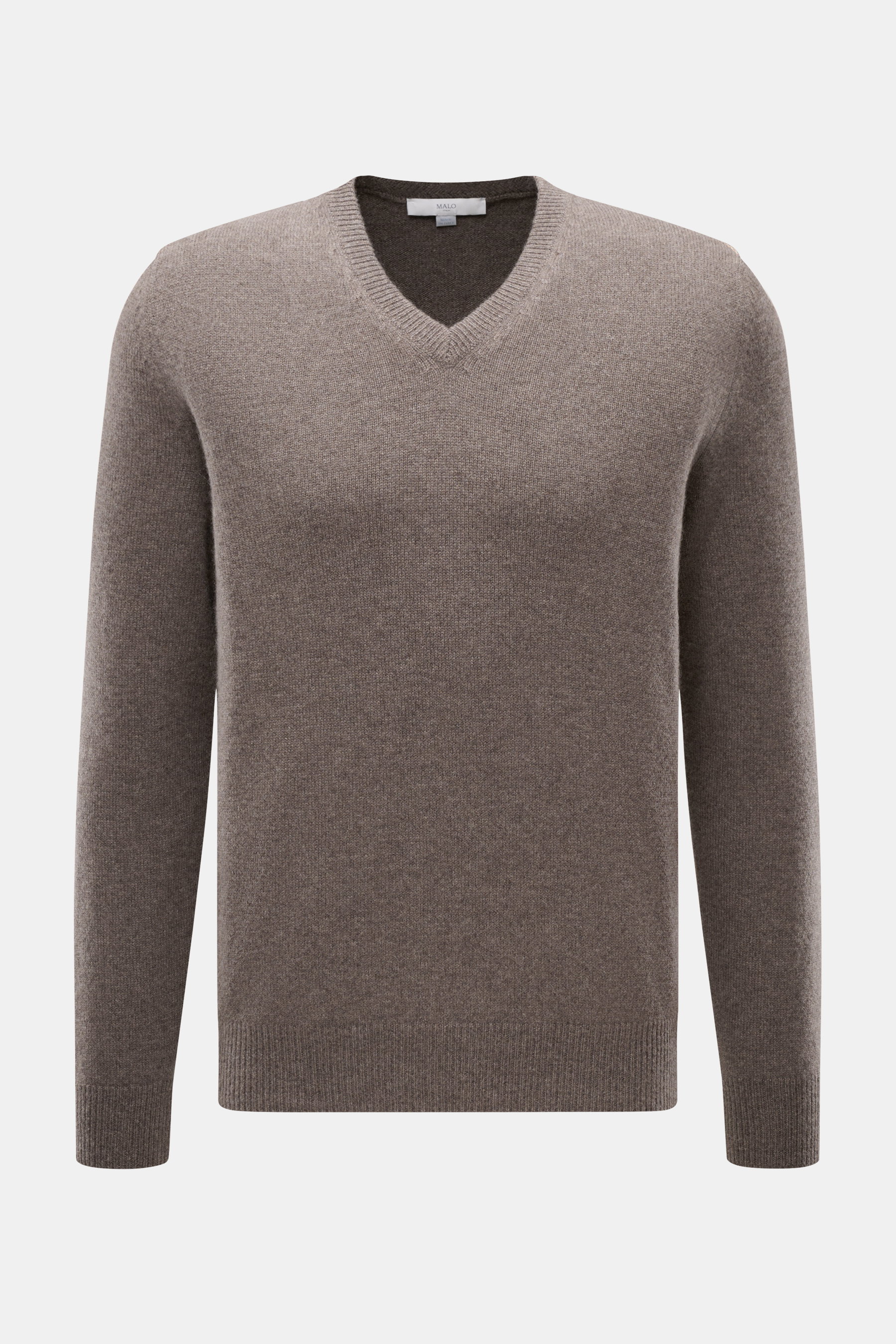 Front view of Malo Cashmere V-Neck sweater grey-brown melange, pure cashmere, very soft touch, medium-fine knit, slim fit, ribbed cuffs.