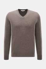 Malo Cashmere V-Neck Pullover graubraun meliert, Slim Fit, mittelfeines Strickbild, V-Ausschnitt, Rippbündchen, frontal fotografiert, reiner Cashmere.