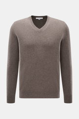 Malo Cashmere V-Neck Pullover graubraun meliert, Slim Fit, mittelfeines Strickbild, V-Ausschnitt, Rippbündchen, frontal fotografiert, reiner Cashmere.