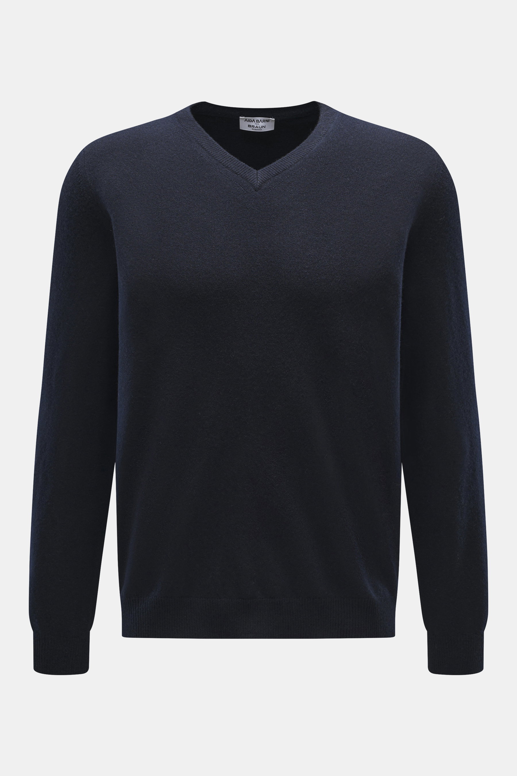 Aida Barni Cashmere V-Neck Pullover navy, frontal fotografiert, reiner Cashmere, feines Strickbild, Regular Fit, V-Ausschnitt, weicher Griff, Rippbündchen.