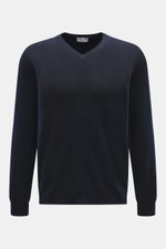 Front view of Aida Barni Cashmere V-neck jumper navy, a luxury essential made of pure cashmere with fine knit, regular fit, ribbed cuffs, and very soft feel.
