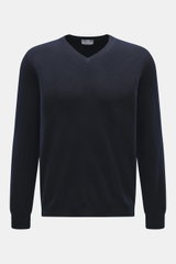 Front view of Aida Barni Cashmere V-neck jumper navy, a luxury essential made of pure cashmere with fine knit, regular fit, ribbed cuffs, and very soft feel.