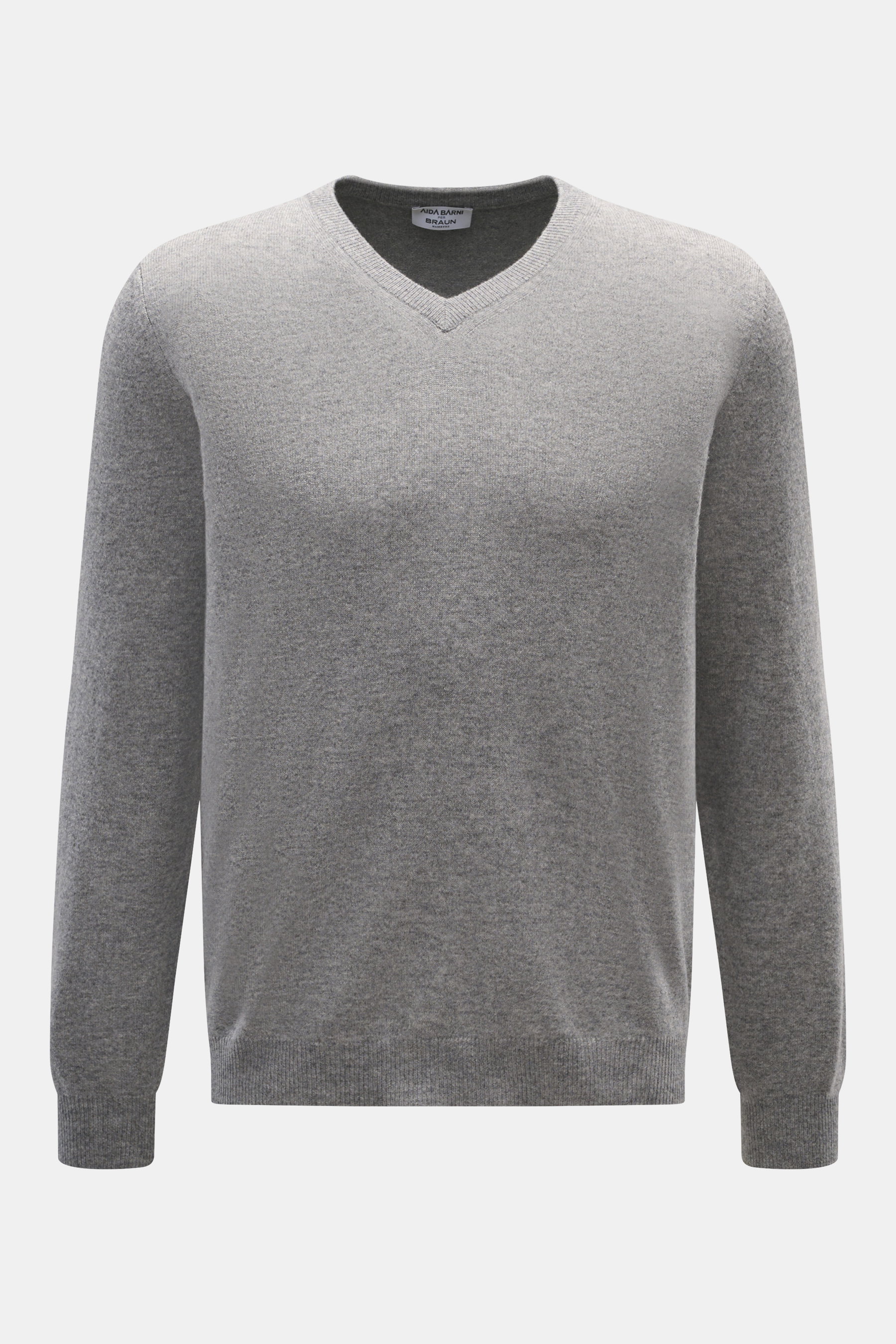 Aida Barni Cashmere V-Neck Pullover grau meliert, Frontansicht, reiner Cashmere, feines Strickbild, Regular Fit, V-Ausschnitt, weicher Griff, Rippbündchen.