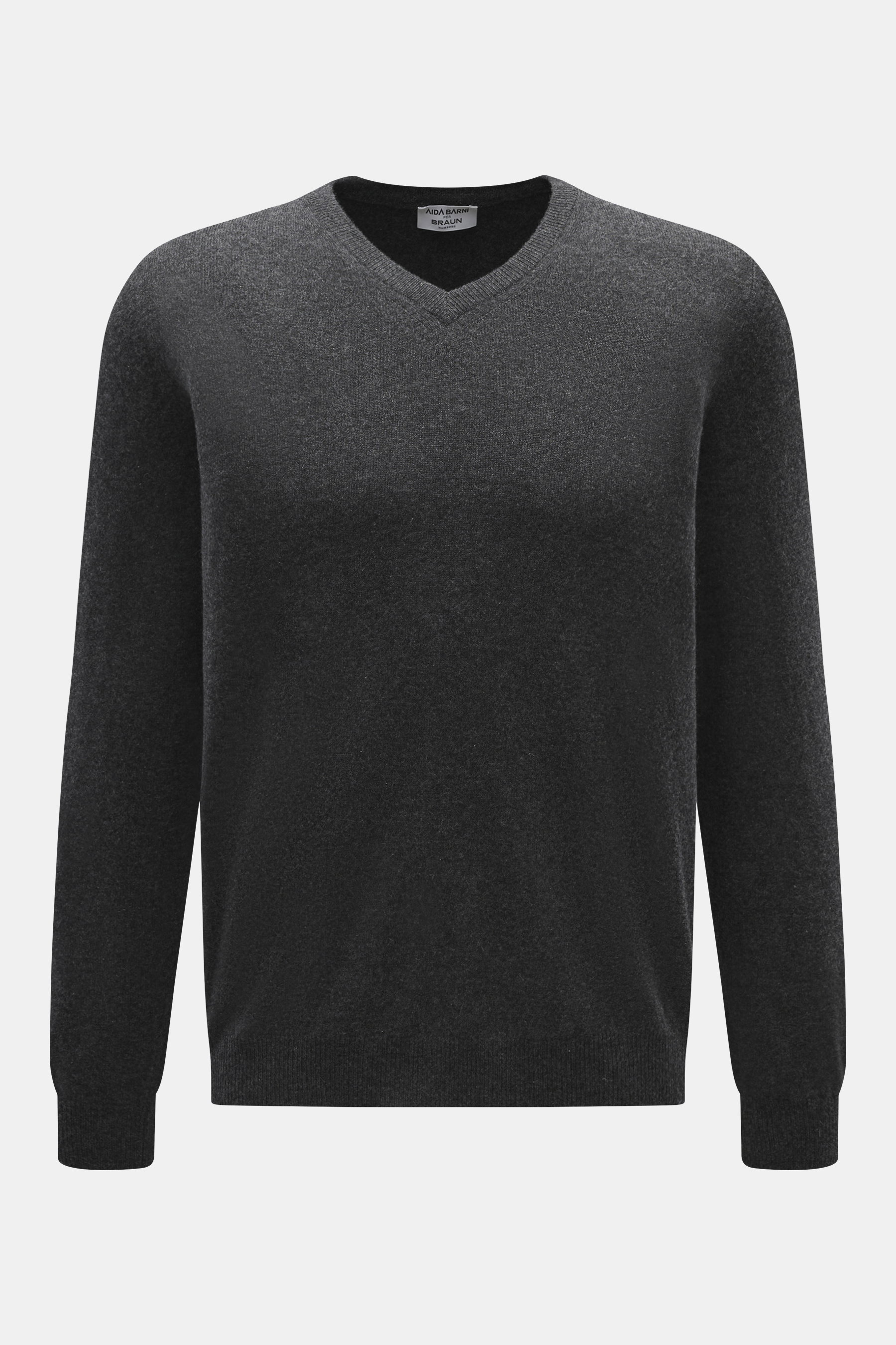 Vorderansicht des Aida Barni Cashmere V-Neck Pullover dunkelgrau meliert, reiner Cashmere, feines Strickbild, Regular Fit, V-Ausschnitt, weicher Griff, Rippbündchen.