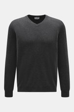 Aida Barni Cashmere V-neck jumper dark grey melange shown from the front, featuring pure cashmere, very soft feel, fine knit pattern, regular fit, V-neck, and ribbed cuffs. Luxury-class essential by Italian label AIDA BARNI.