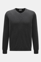 Aida Barni Cashmere V-neck jumper dark grey melange shown from the front, featuring pure cashmere, very soft feel, fine knit pattern, regular fit, V-neck, and ribbed cuffs. Luxury-class essential by Italian label AIDA BARNI.