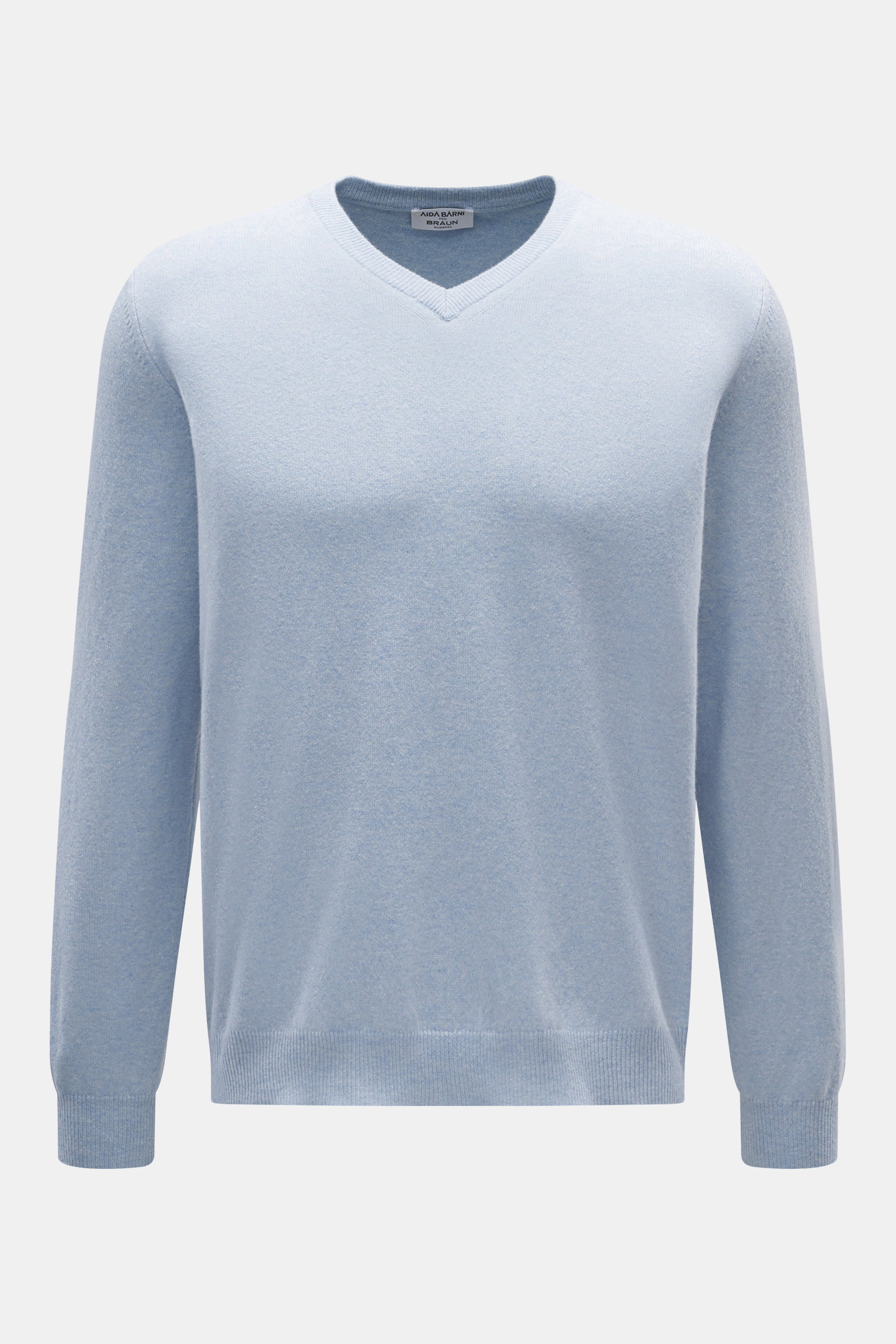Aida Barni Cashmere V-Neck Pullover hellblau meliert, frontal fotografiert, reiner Cashmere, weicher Griff, feines Strickbild, Regular Fit, V-Ausschnitt, Rippbündchen.