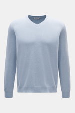 Aida Barni Cashmere V-Neck Pullover hellblau meliert, frontal fotografiert, reiner Cashmere, weicher Griff, feines Strickbild, Regular Fit, V-Ausschnitt, Rippbündchen.