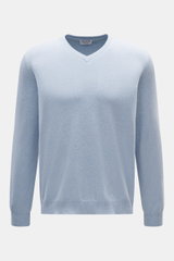 Aida Barni Cashmere V-Neck Pullover hellblau meliert, frontal fotografiert, reiner Cashmere, weicher Griff, feines Strickbild, Regular Fit, V-Ausschnitt, Rippbündchen.