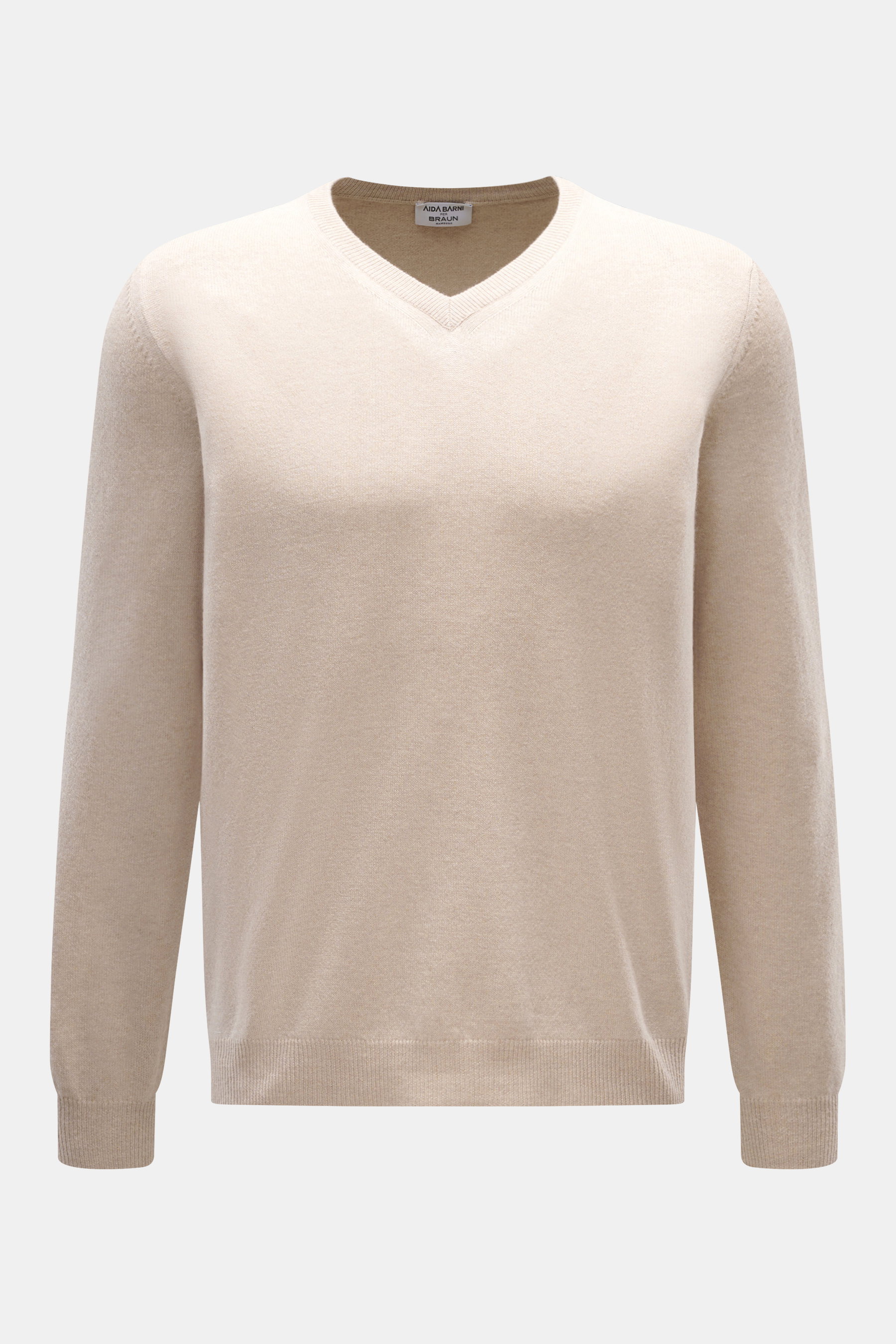 Frontale Nahaufnahme des Aida Barni Cashmere V-Neck Pullover sand meliert aus reinem Cashmere mit V-Ausschnitt und Rippbündchen.
