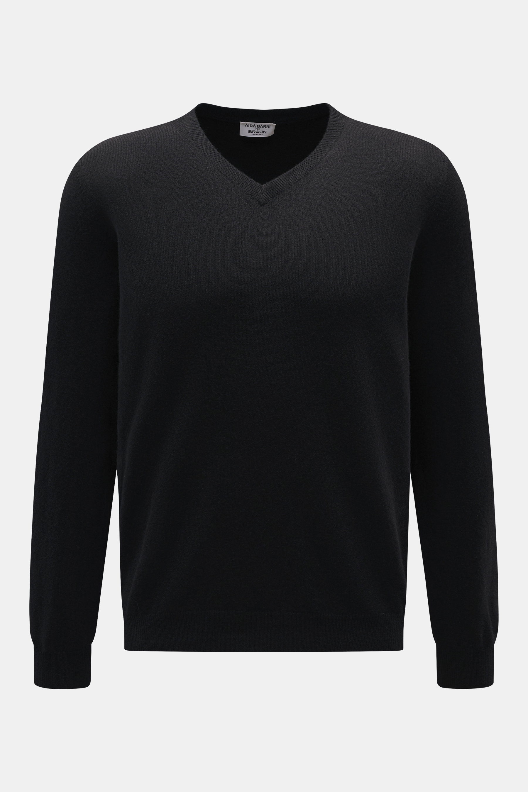Aida Barni Cashmere V-Neck Pullover schwarz, frontal fotografiert, Regular Fit, feines Strickbild, V-Ausschnitt, Rippbündchen, reiner Cashmere, sehr weicher Griff.
