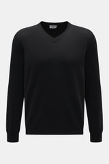 Aida Barni Cashmere V-Neck Pullover schwarz, frontal fotografiert, Regular Fit, feines Strickbild, V-Ausschnitt, Rippbündchen, reiner Cashmere, sehr weicher Griff.