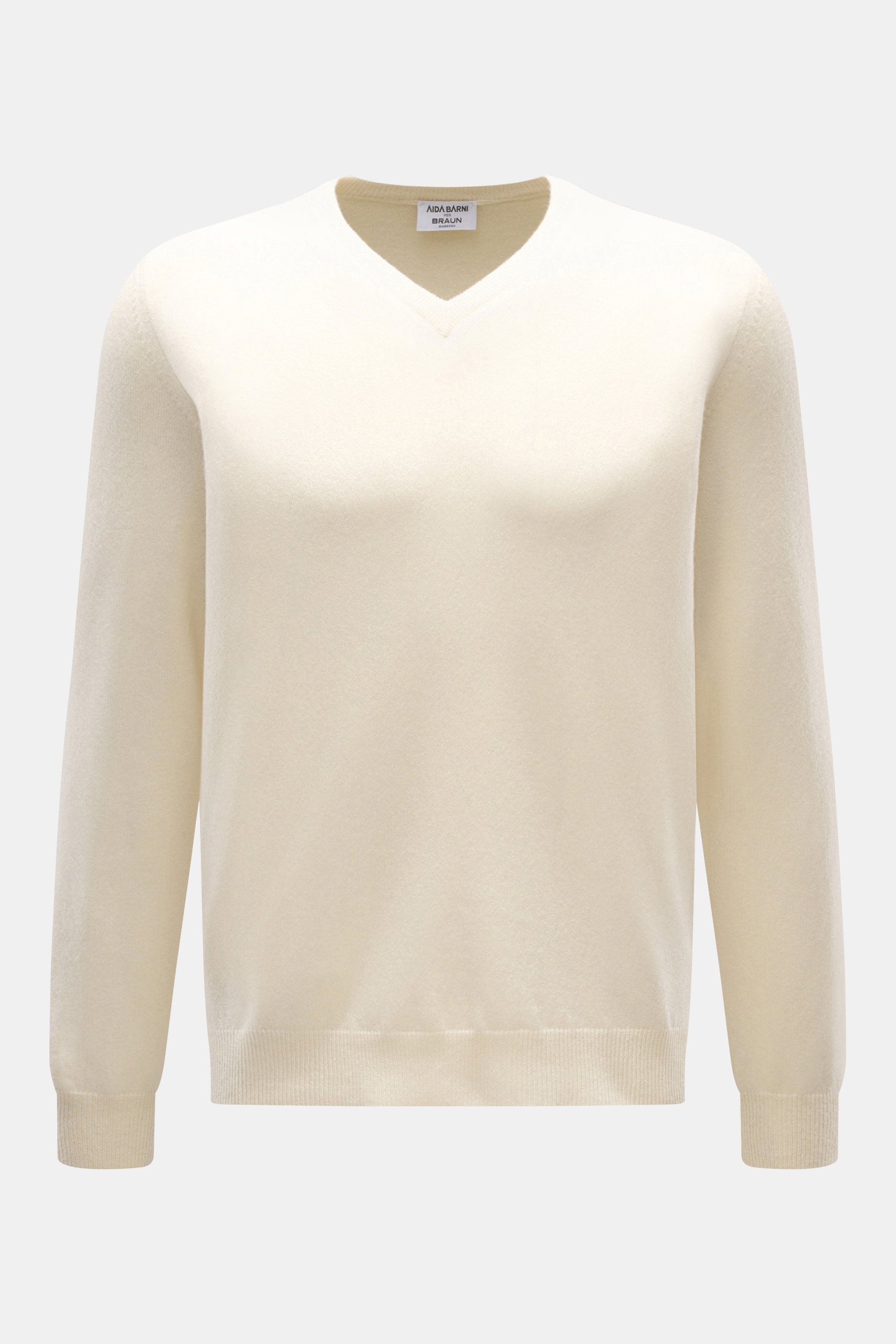 Frontal fotografierter Aida Barni Cashmere V-Neck Pullover creme, Regular Fit, mit feinem Strickbild, V-Ausschnitt und komfortablen Rippbündchen aus weichem reinem Cashmere.