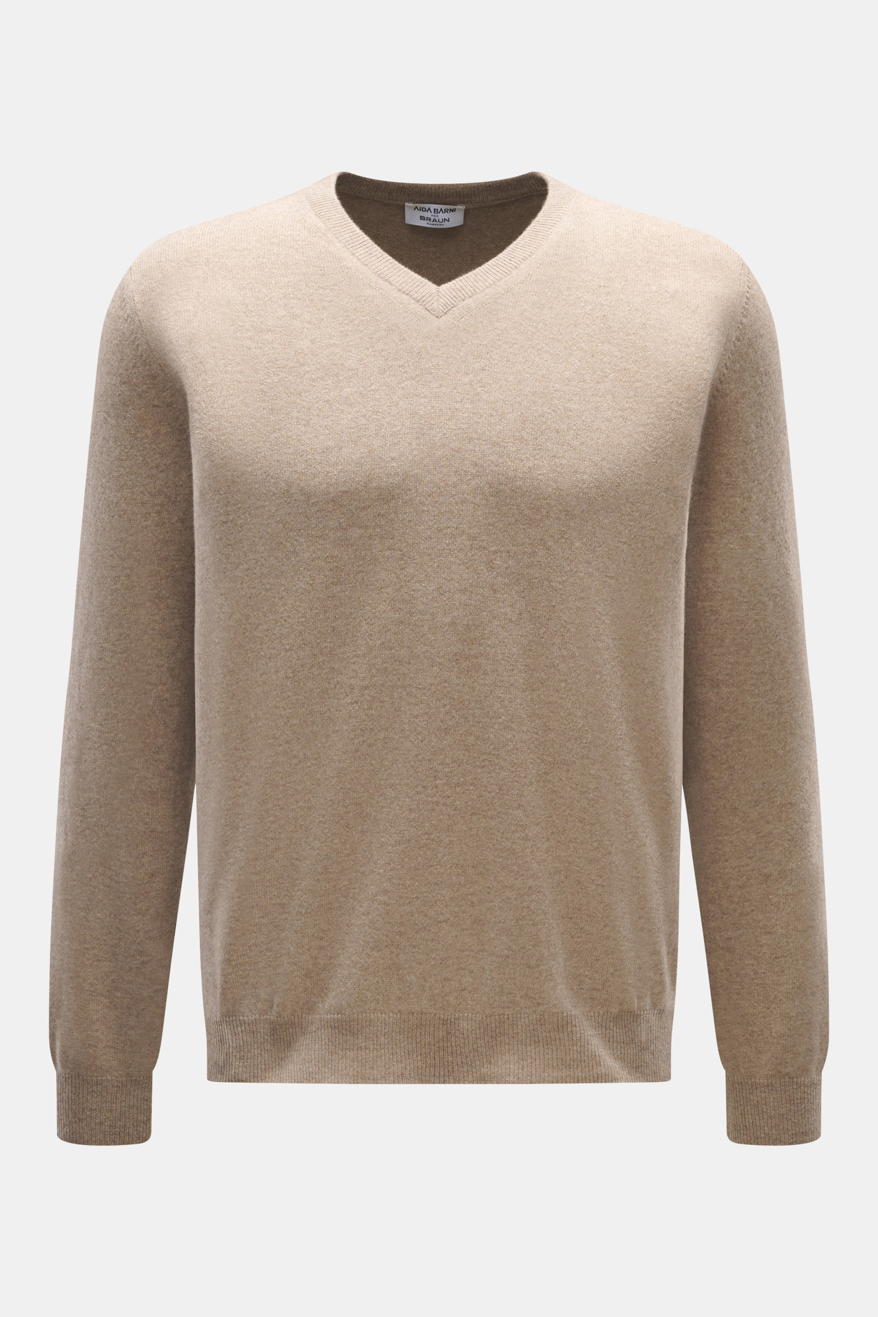 Aida Barni Cashmere V-Neck Pullover beige meliert, frontal fotografiert, reiner Cashmere, feines Strickbild, Regular Fit, V-Ausschnitt, weicher Griff, Rippbündchen.