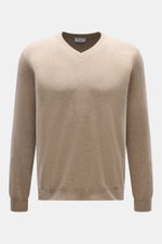 Aida Barni Cashmere V-Neck Pullover beige meliert, frontal fotografiert, reiner Cashmere, feines Strickbild, Regular Fit, V-Ausschnitt, weicher Griff, Rippbündchen.