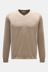 Aida Barni Cashmere V-Neck Pullover beige meliert, frontal fotografiert, reiner Cashmere, feines Strickbild, Regular Fit, V-Ausschnitt, weicher Griff, Rippbündchen.
