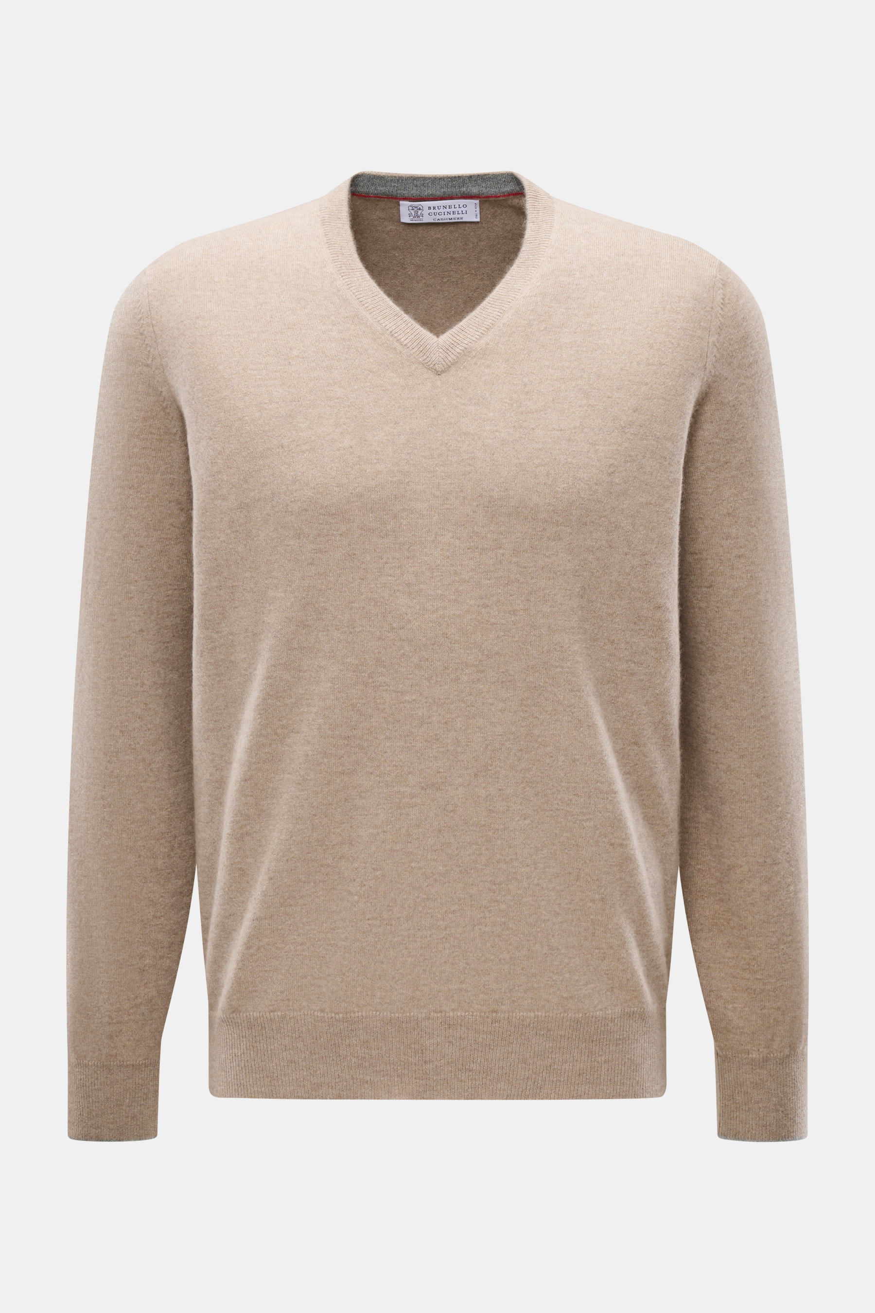 Brunello Cucinelli Cashmere V-Neck Pullover beige, Frontansicht, reiner Cashmere, feines Strickbild, schmale Kontrastkanten, Regular Fit, V-Ausschnitt, flexible Rippbündchen, sehr weicher Griff.