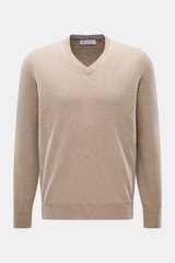 Brunello Cucinelli Cashmere V-Neck Pullover beige, Frontansicht, reiner Cashmere, feines Strickbild, schmale Kontrastkanten, Regular Fit, V-Ausschnitt, flexible Rippbündchen, sehr weicher Griff.