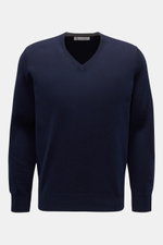 Front view of Brunello Cucinelli Cashmere V-neck jumper navy, pure cashmere, soft feel, fine knit, narrow contrasting borders, regular fit, flexible ribbed bands.