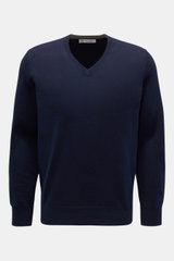 Front view of Brunello Cucinelli Cashmere V-neck jumper navy, pure cashmere, soft feel, fine knit, narrow contrasting borders, regular fit, flexible ribbed bands.