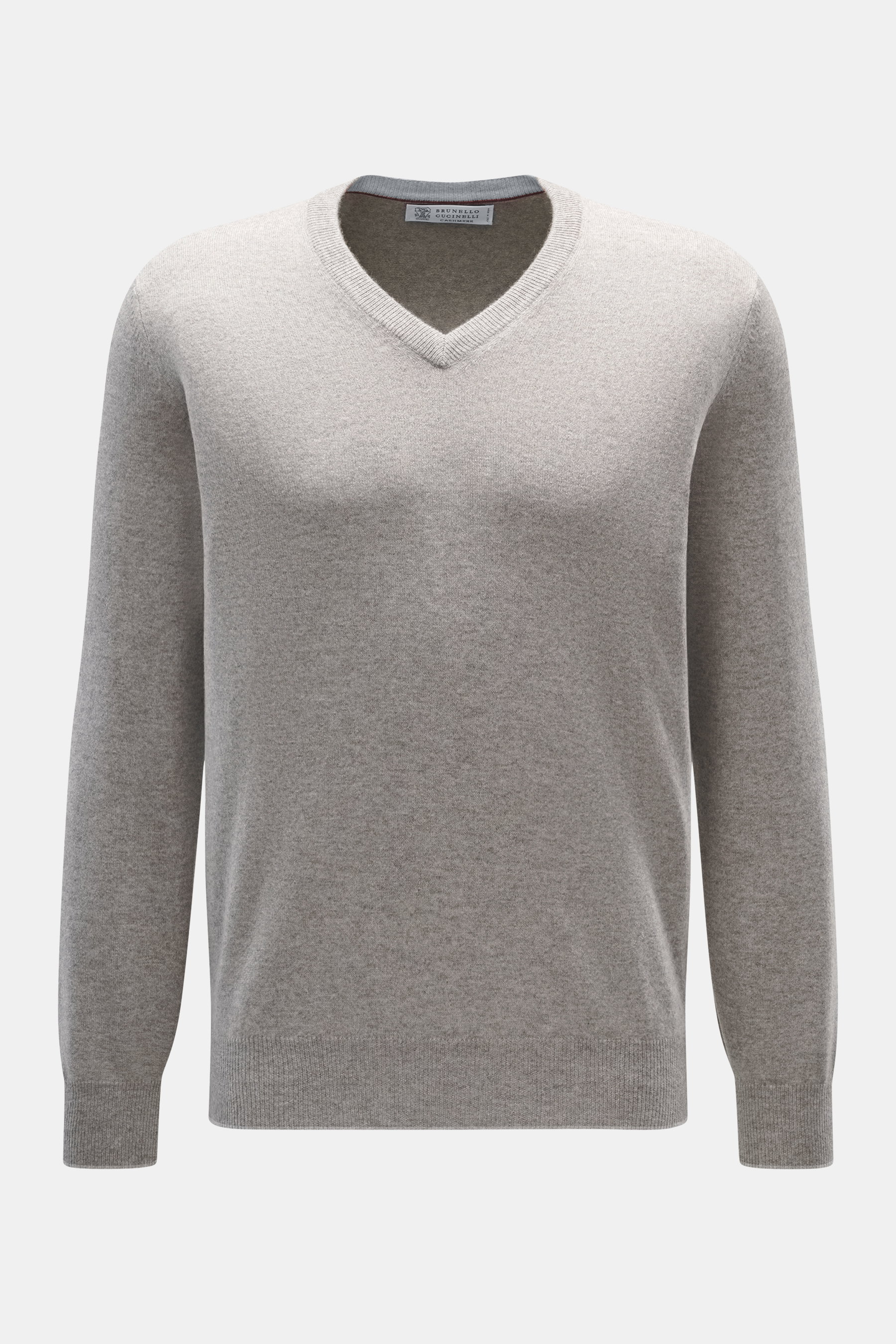 Brustansicht des Brunello Cucinelli Cashmere V-Neck Pullover taupe meliert mit V-Ausschnitt, schmalen Kontrastkanten, Regular Fit und weichem Strickbild.