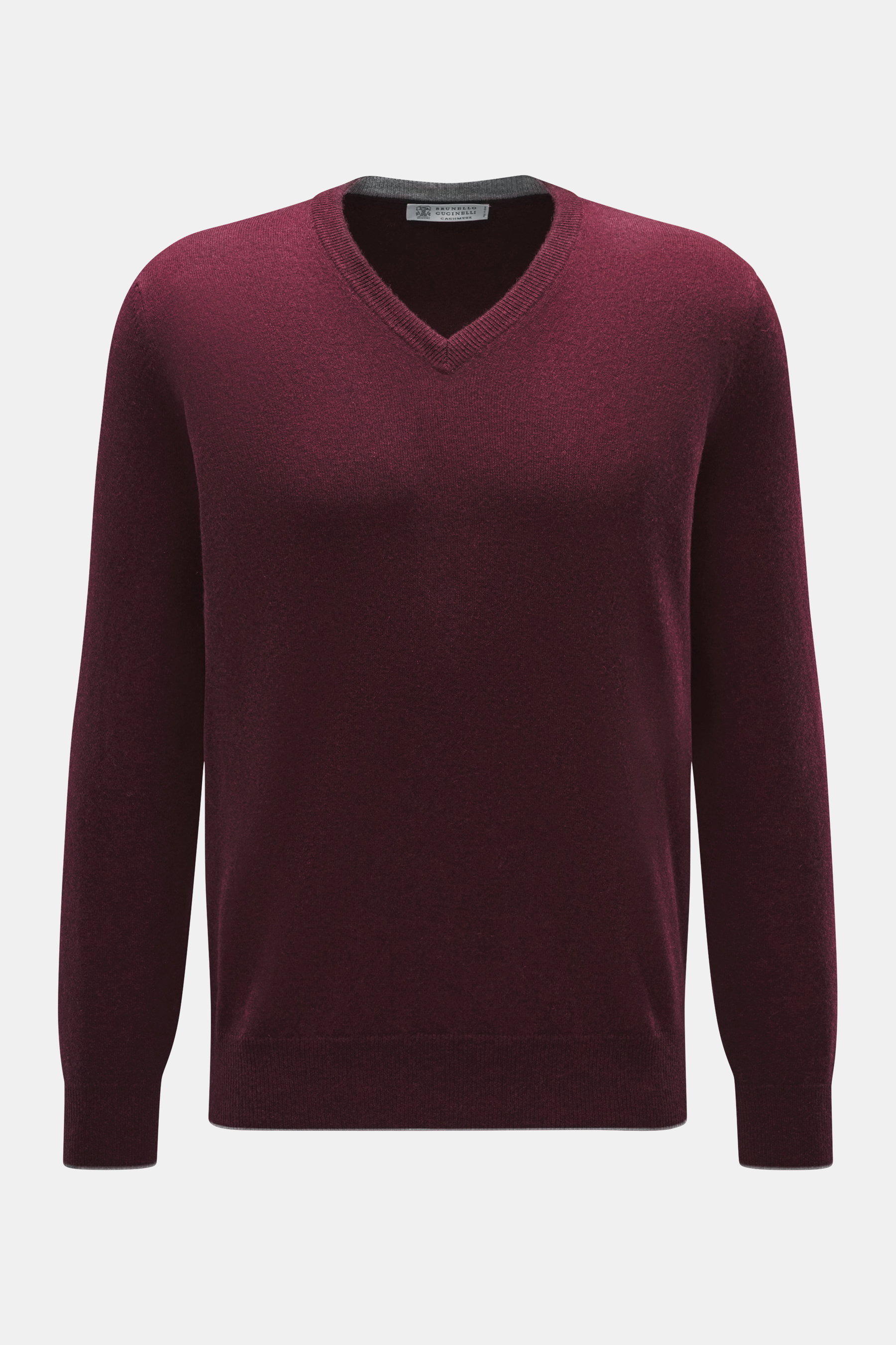 Brunello Cucinelli Cashmere V-neck jumper burgundy melange, front view, pure cashmere, very soft, fine knit, narrow contrasting borders, regular fit, flexible ribbed bands.