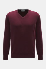 Brustansicht des Brunello Cucinelli Cashmere V-Neck Pullover bordeaux meliert mit feinem Strickbild, V-Ausschnitt und schmalen Kontrastkanten.