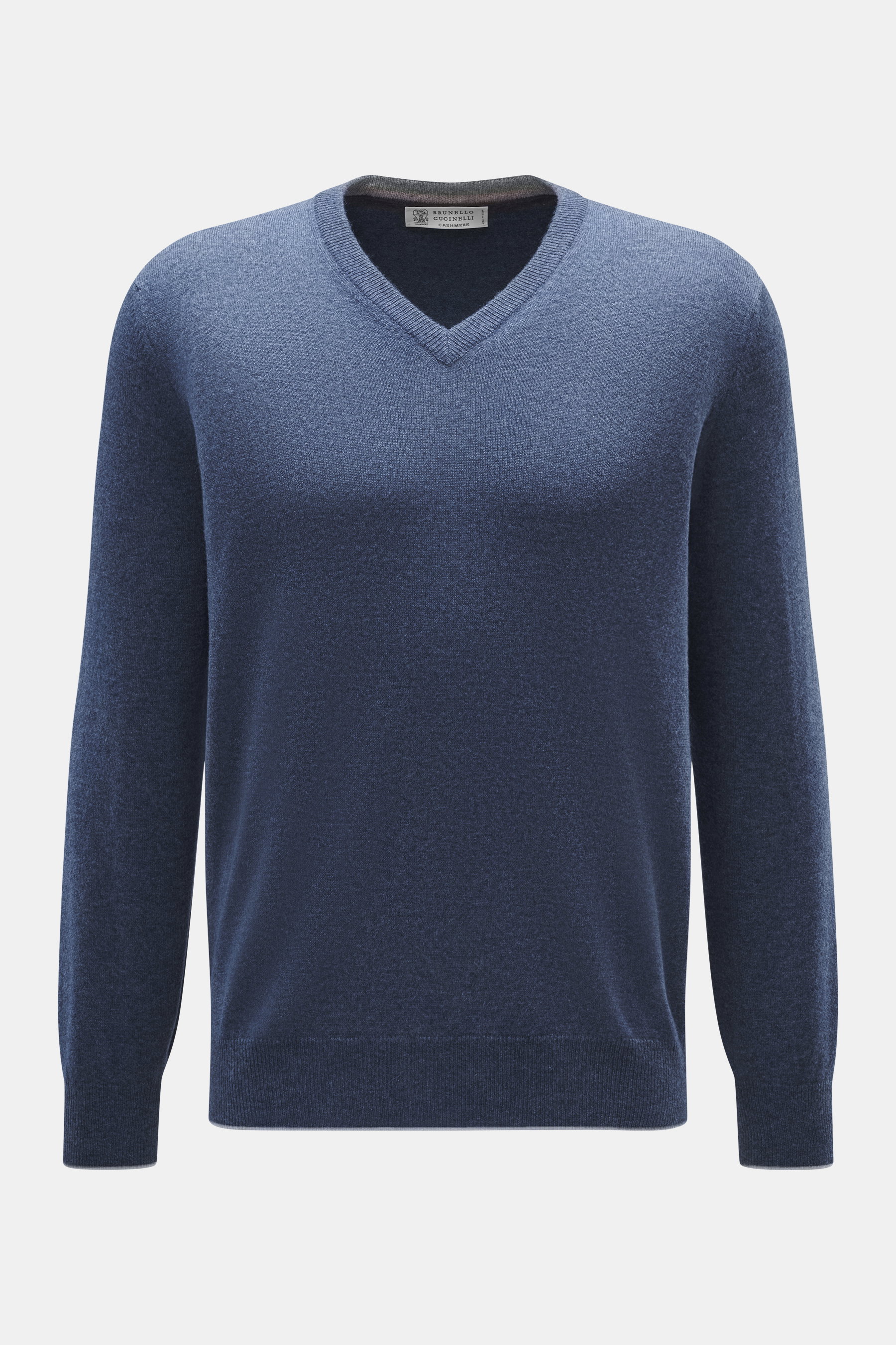 Brunello Cucinelli Cashmere V-neck jumper grey blue melange shown front view, pure cashmere, very soft feel, fine knit, narrow contrasting borders, regular fit, V-neck, flexible ribbed bands.