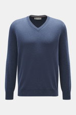 Brunello Cucinelli Cashmere V-Neck Pullover graublau meliert, Frontaufnahme, reiner Cashmere, weich, feines Strickbild, schmale Kontrastkanten, Regular Fit, V-Ausschnitt, flexible Rippbündchen.