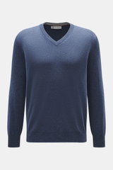 Brunello Cucinelli Cashmere V-Neck Pullover graublau meliert, Frontaufnahme, reiner Cashmere, weich, feines Strickbild, schmale Kontrastkanten, Regular Fit, V-Ausschnitt, flexible Rippbündchen.