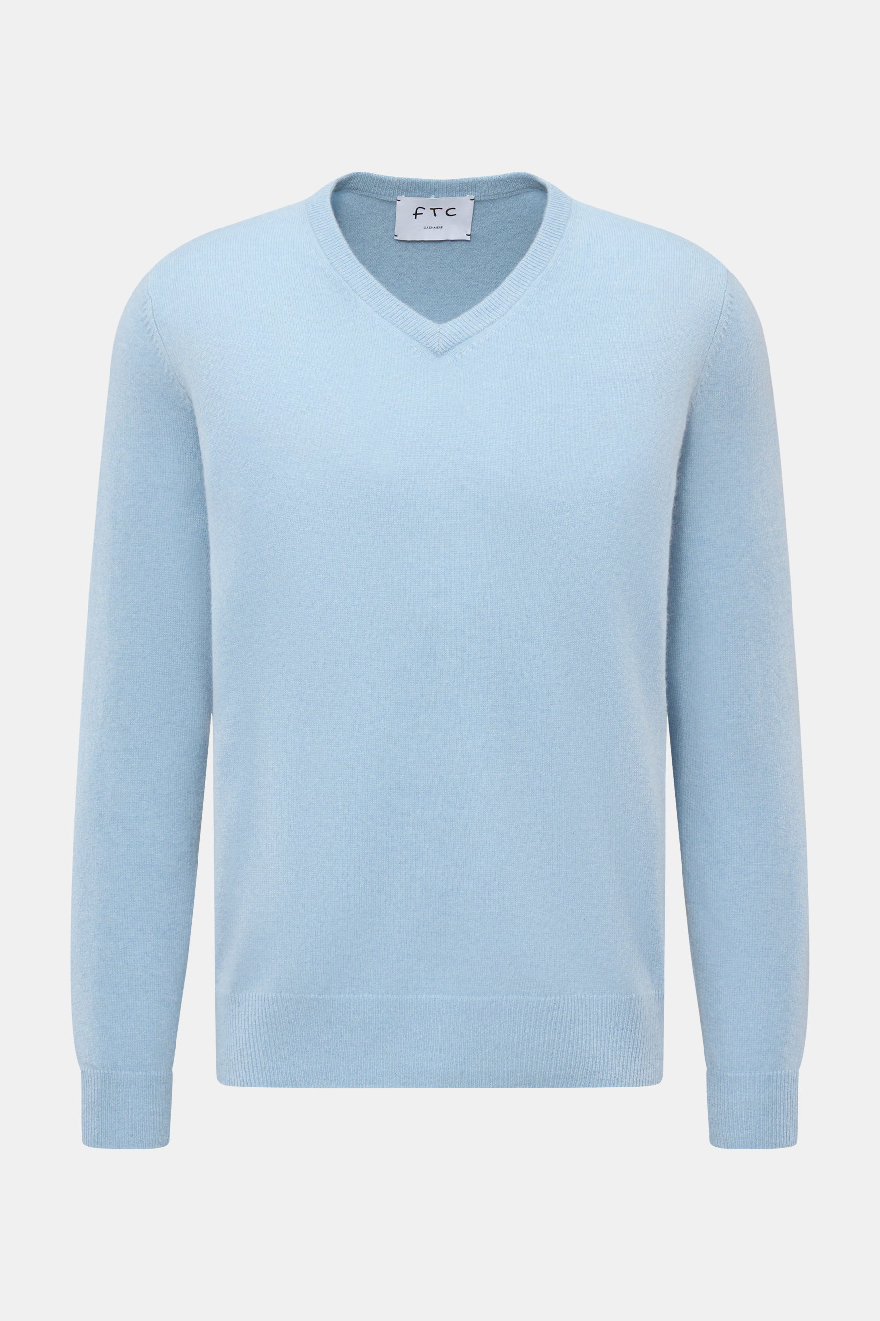 FTC Cashmere V-Neck Pullover hellblau meliert, Slim Fit, nachhaltiger Fair-Trade-Cashmere, weicher Griff, V-Ausschnitt, Rippbündchen, Frontansicht.