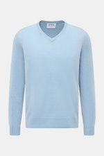 FTC Cashmere V-Neck Pullover hellblau meliert, Slim Fit, nachhaltiger Fair-Trade-Cashmere, weicher Griff, V-Ausschnitt, Rippbündchen, Frontansicht.